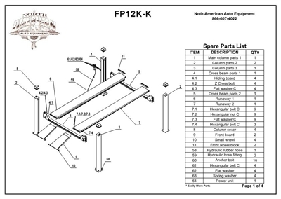 FP12K-K Parts Breakdown | Replacement Parts for FP12K-K 4 Post Lift