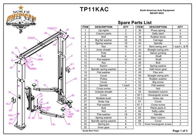 TP11KAC Parts Breakdown | Replacement Parts for 11,000lb 2 Post Lift Parts Department | North